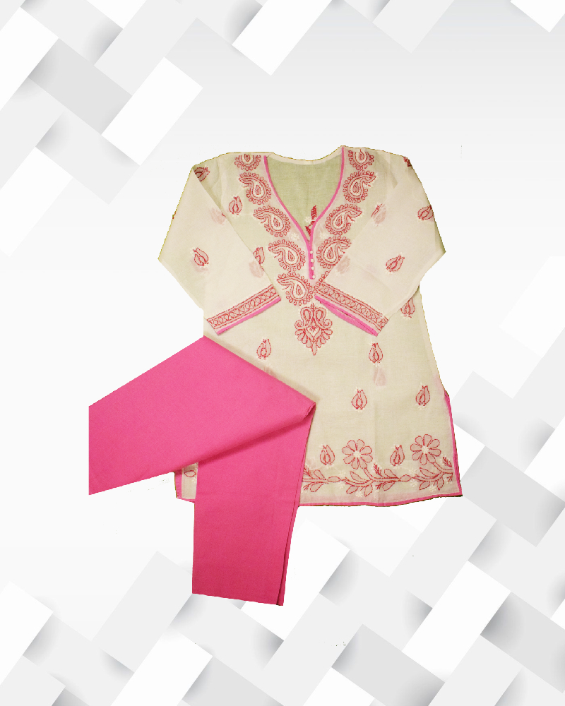 Silakaari Kids Chikan Pure Cotton Lucknowi Kurta Pajama Set For Girls