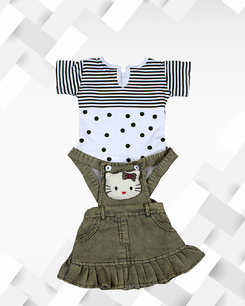 Silakaari Kids Cute Half Sleeves Striped Polka Dots Printed Cotton Dungaree Set with T shirt For Girls