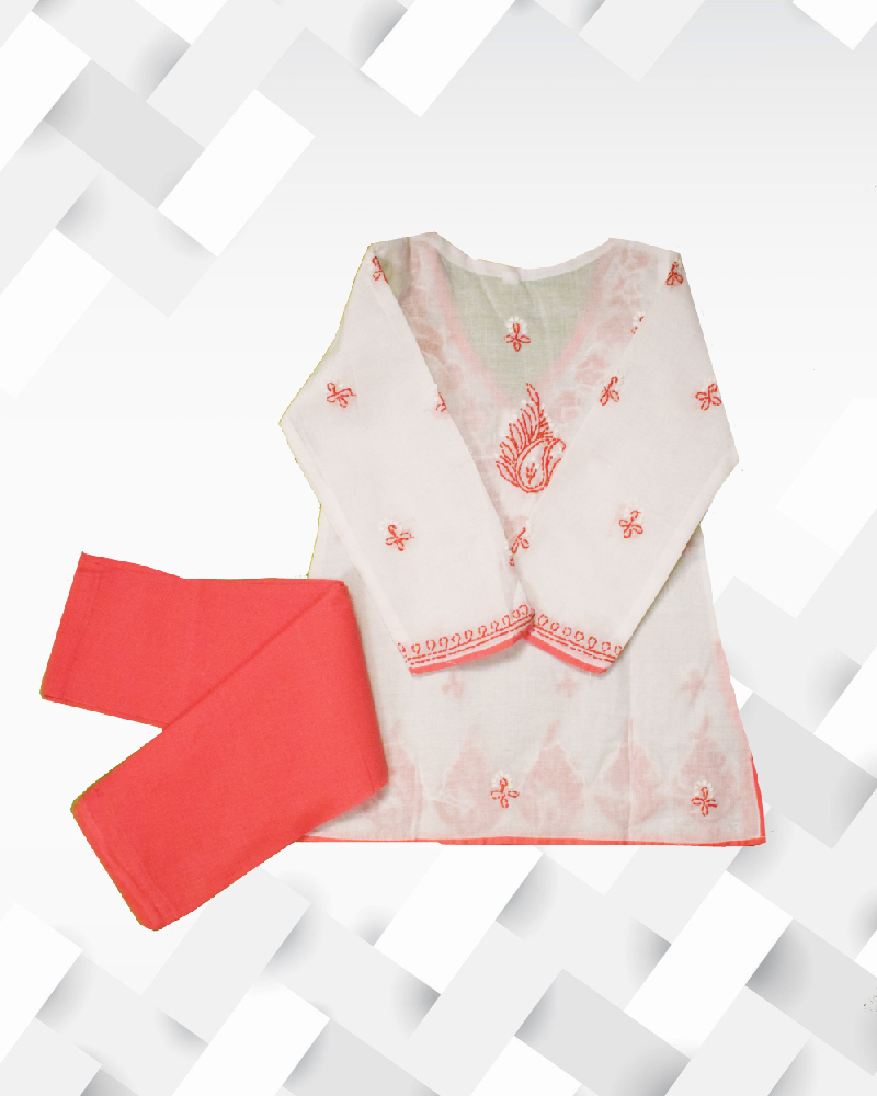 Silakaari Kids Pure Cotton Floral Chikan Lucknowi Kurta Pajama Set For Girls