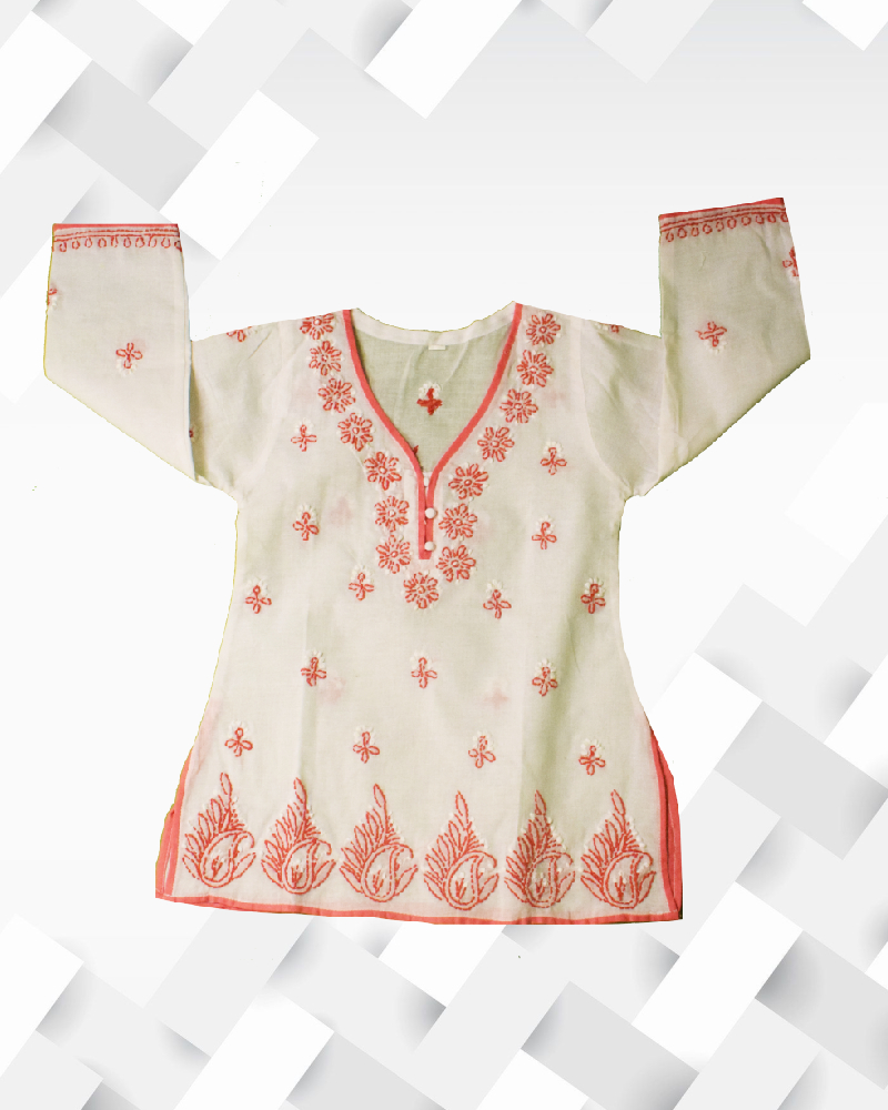 Silakaari Kids Pure Cotton Floral Chikan Lucknowi Kurta Pajama Set For Girls