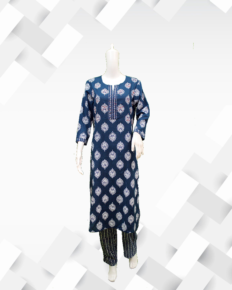 Silakaari Women's Blue cotton printed kurti pant set