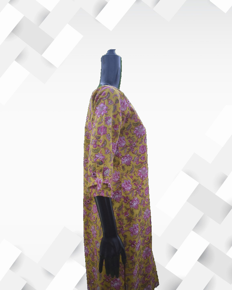 Silakaari Women's Floral Mustard Cotton Kurti Pant Set