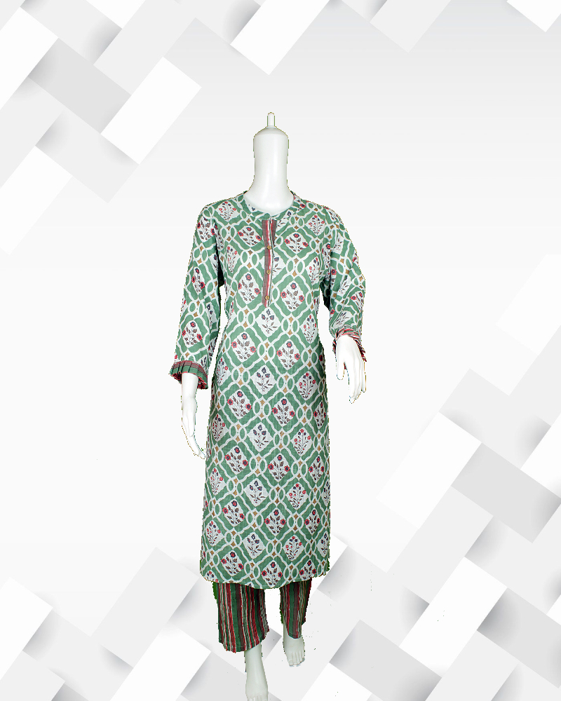 Silakaari Women's Green and white cotton kurti pant set