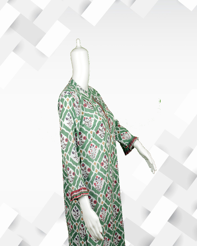 Silakaari Women's Green and white cotton kurti pant set