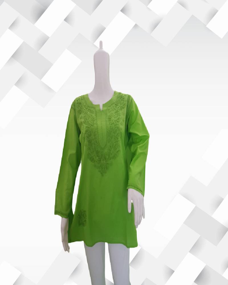 Silakaari Women's Green pure Cotton Lucknowi Short Kurta