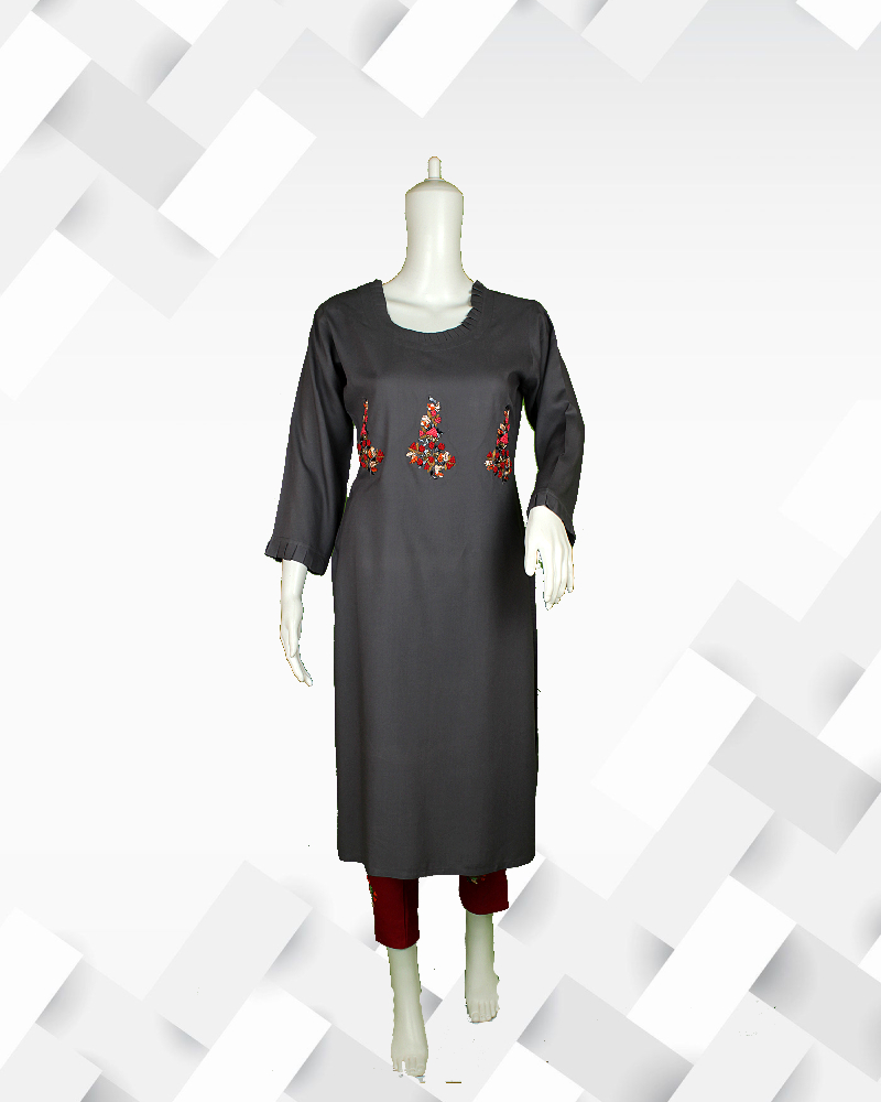 Silakaari Women's grey and red embroideried Kurti pant set.
