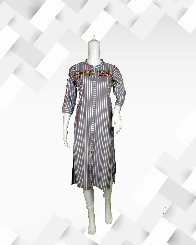 Silakaari Women's grey and white striped embroidery kurta.