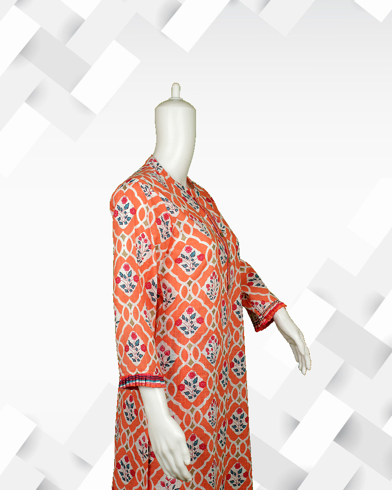 Silakaari Women's Orange - white cotton kurti pant set