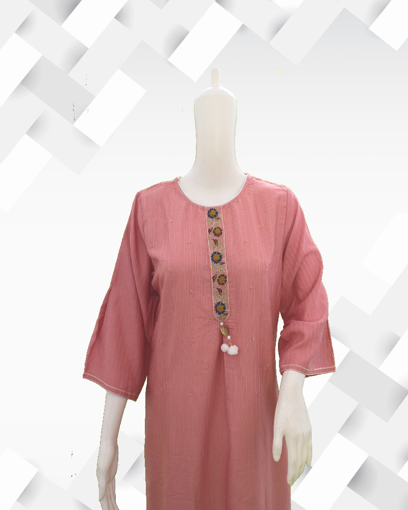 silakaari Women's pink cream embroidery kurti pant set
