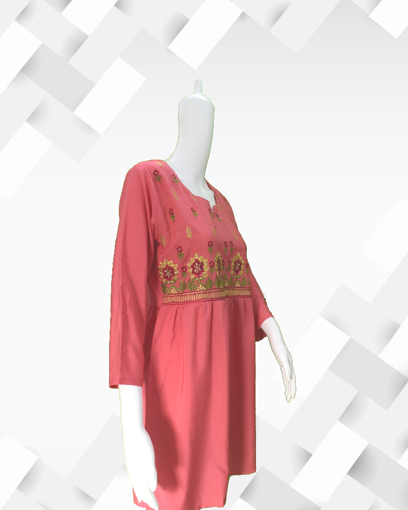 silakaari Women's Pink short kurti light front embroidery