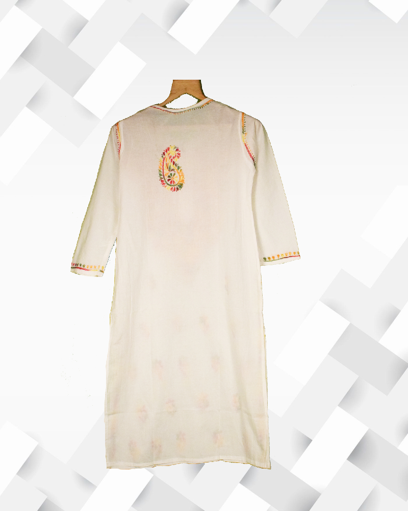Silakaari Women's Pure Cotton Multicolor Thread White Lucknowi Long Kurta