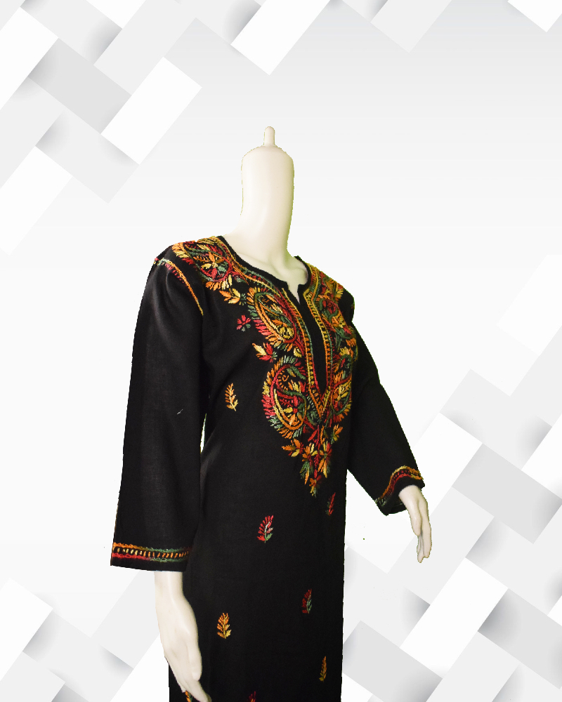 Silakaari Women's Pure Cotton Plus Size Black Multicolor Lucknowi Long Kurta