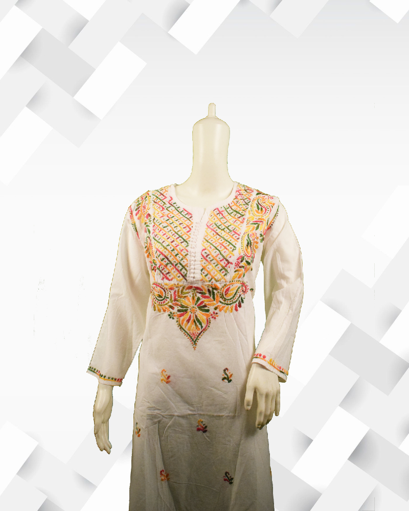 Silakaari Women's Pure Cotton Plus Size Multicolor White Lucknowi Long Kurta