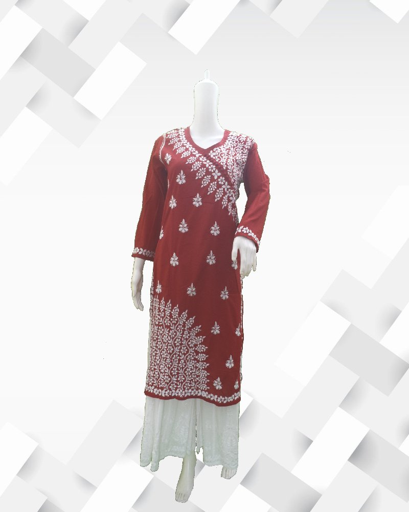 Silakaari Women's Red Angarakha style Floral Cotton Chikankari Kurti Palazzo Set