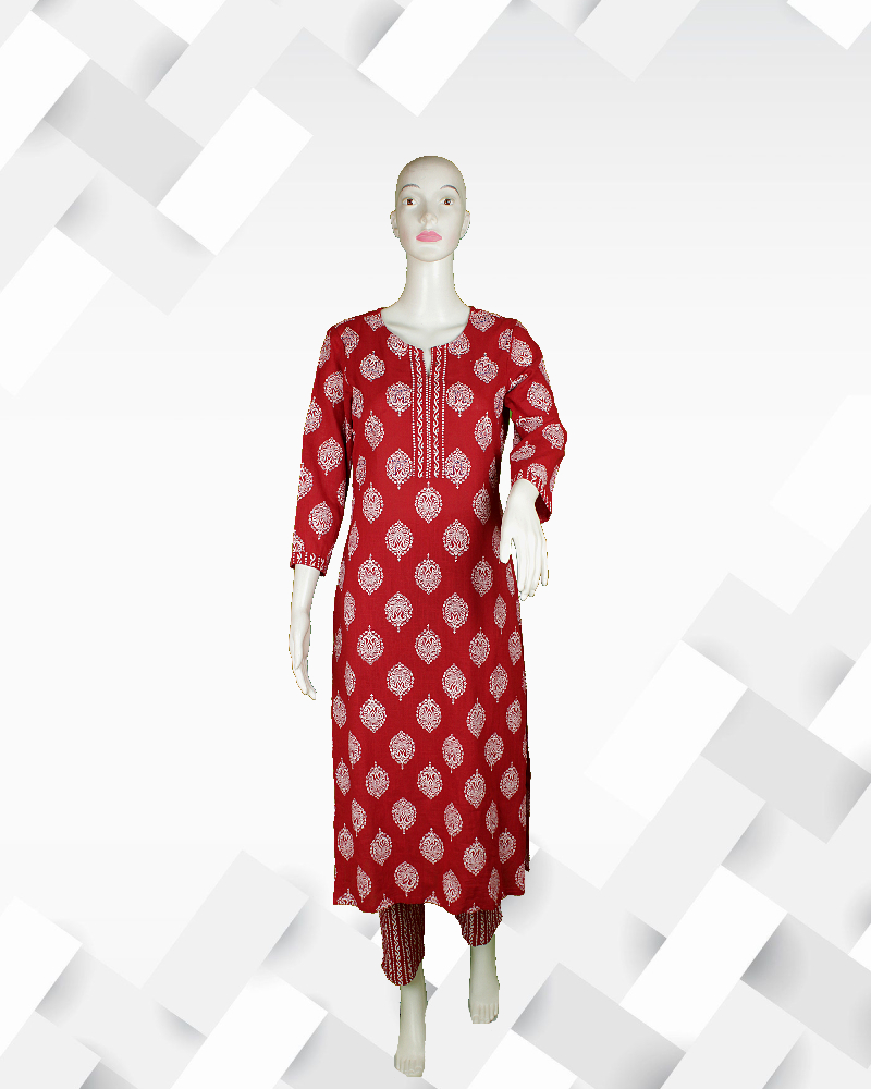 Silakaari Women's Red cotton printed kurti pant set