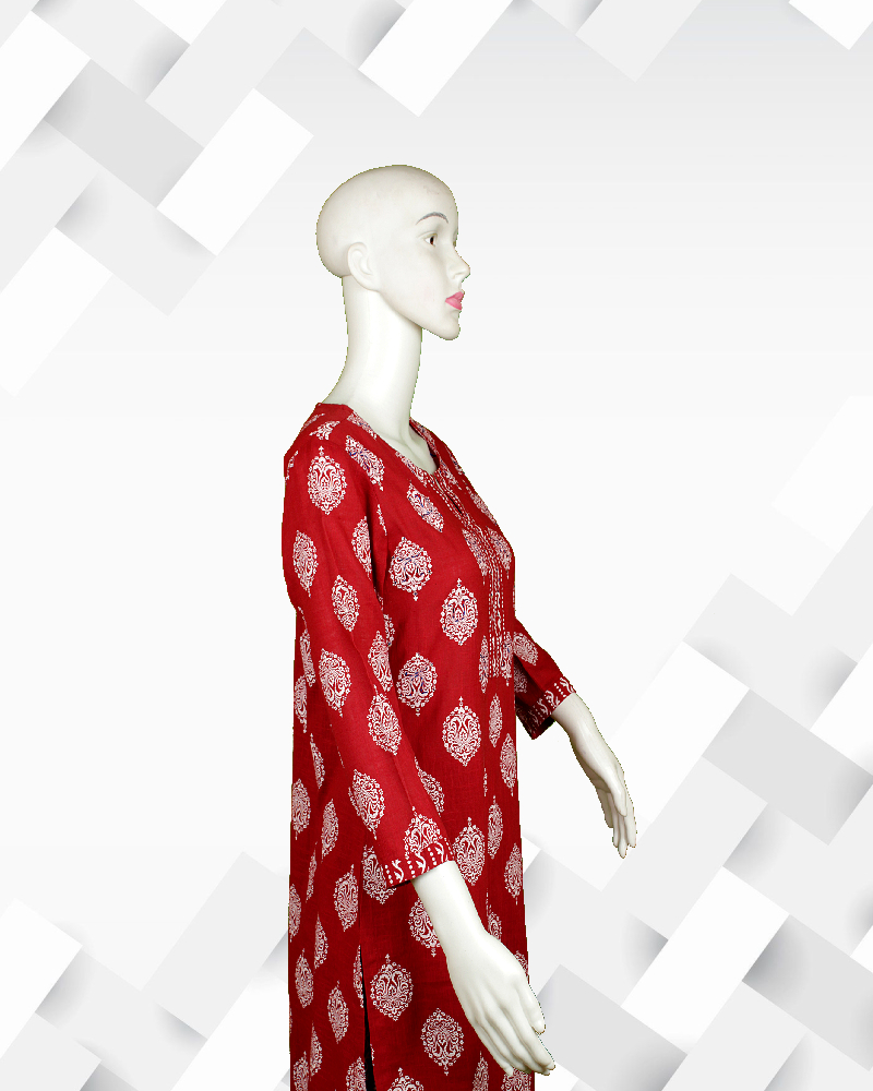 Silakaari Women's Red cotton printed kurti pant set