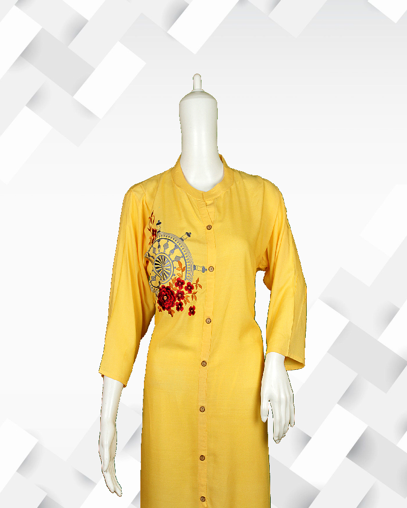 Silakaari Women's straight  Yellow embroideried  rayon kurti