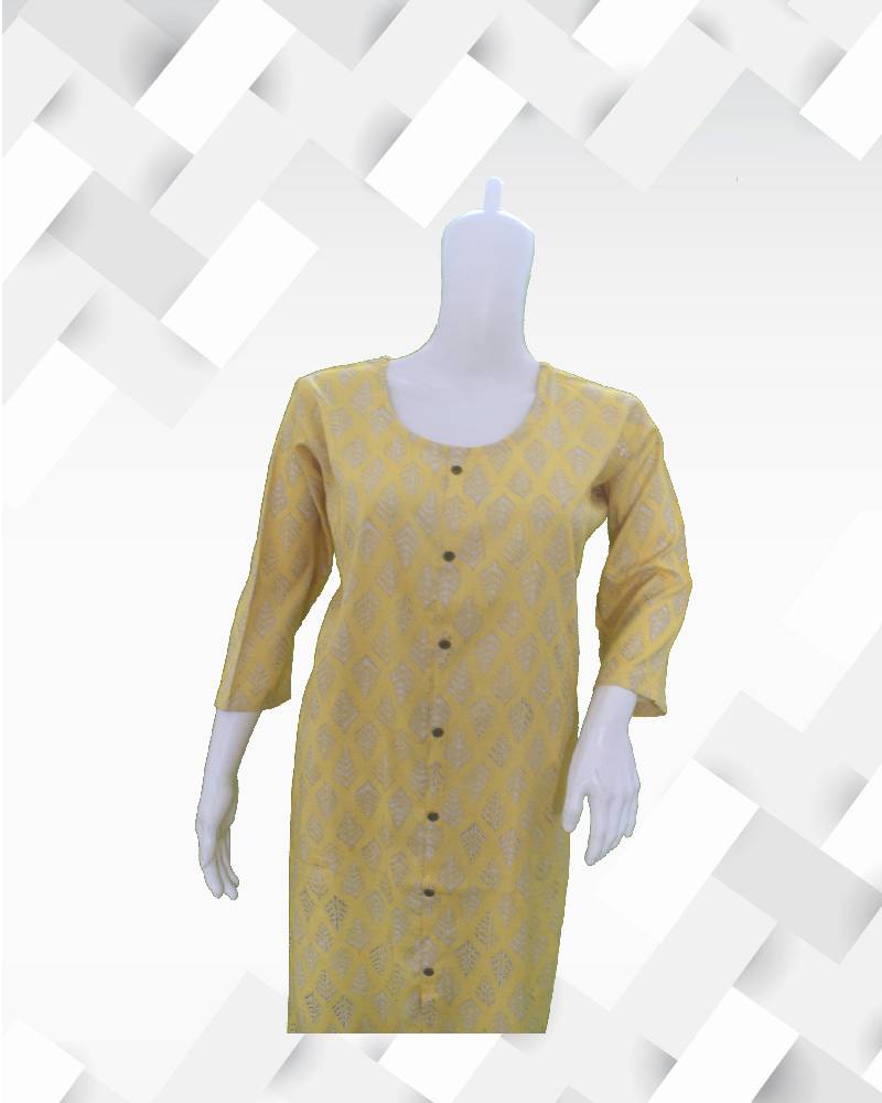 silakaari Women's yellow printed foil slub rayon kurti