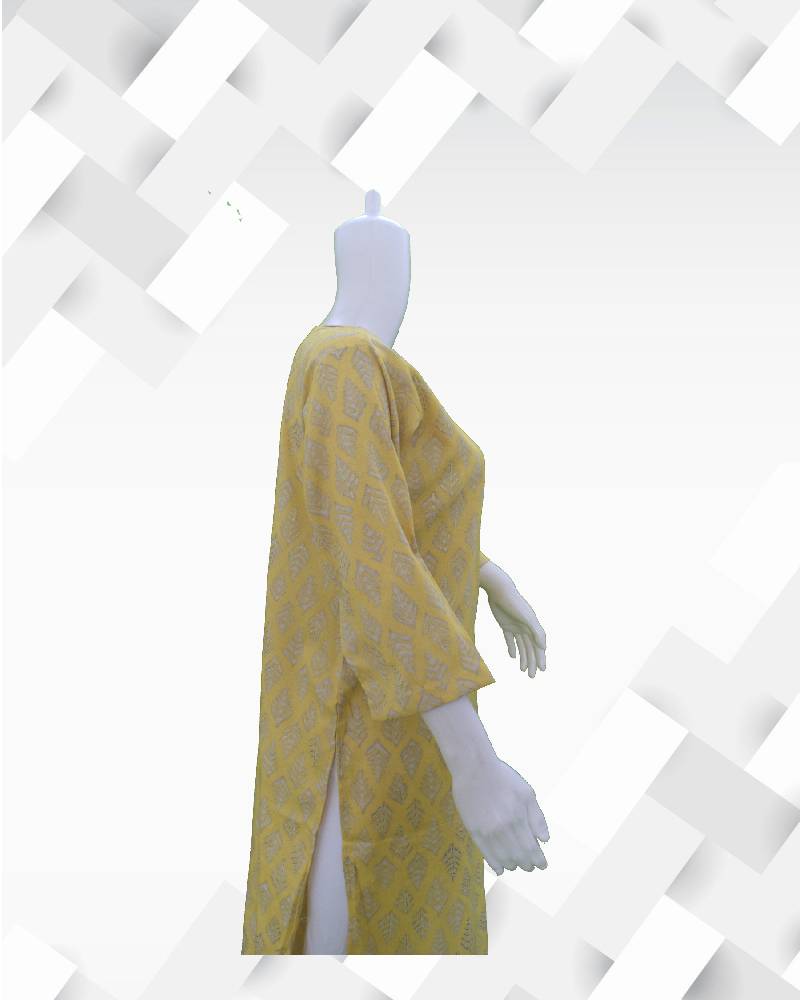 silakaari Women's yellow printed foil slub rayon kurti