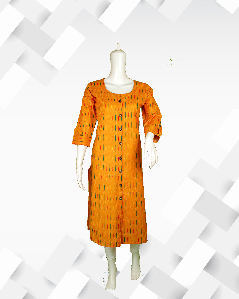 Silakaari Women's Yellow Printed Straight Cut, Cotton Kurta