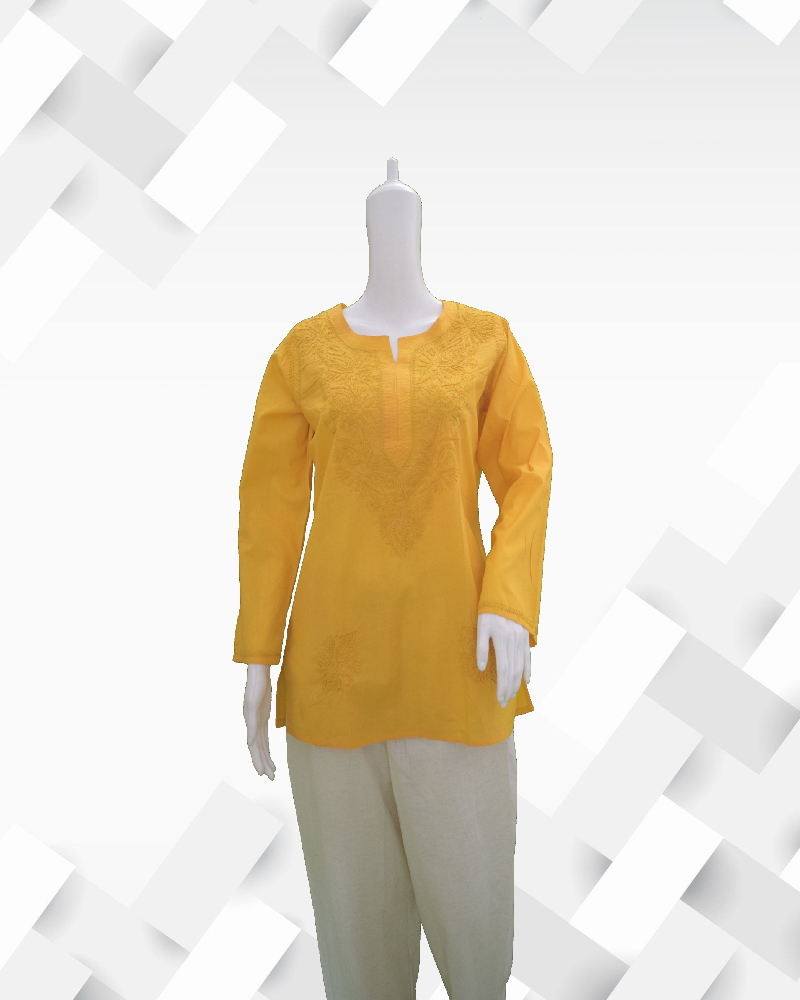 Silakaari Women's Yellow pure Cotton Lucknowi Short Kurta