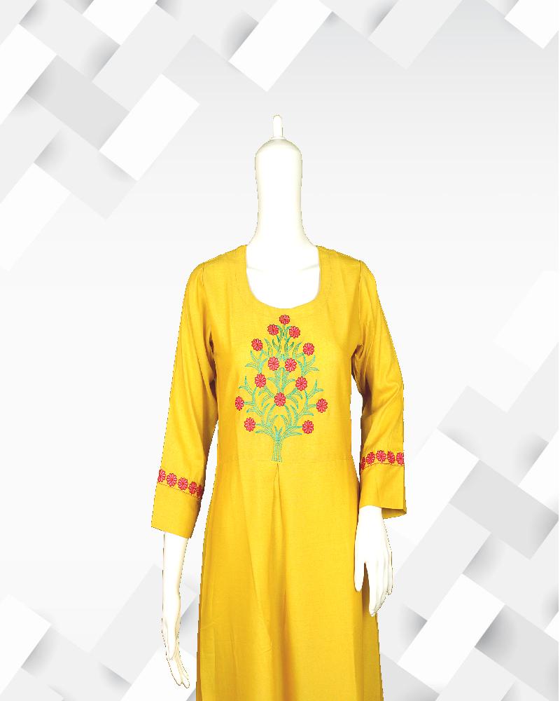 Silakaari Women's Yellow rayon A line embroidery  kurti