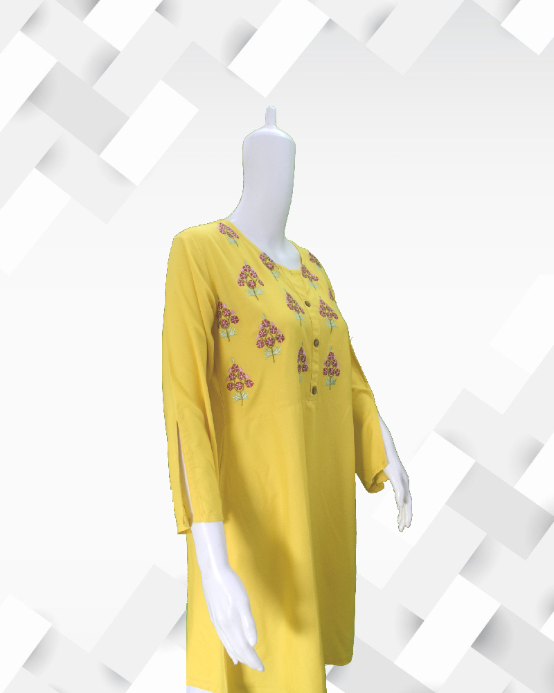 silakaari Women's  Yellow short Kurta Embroidery