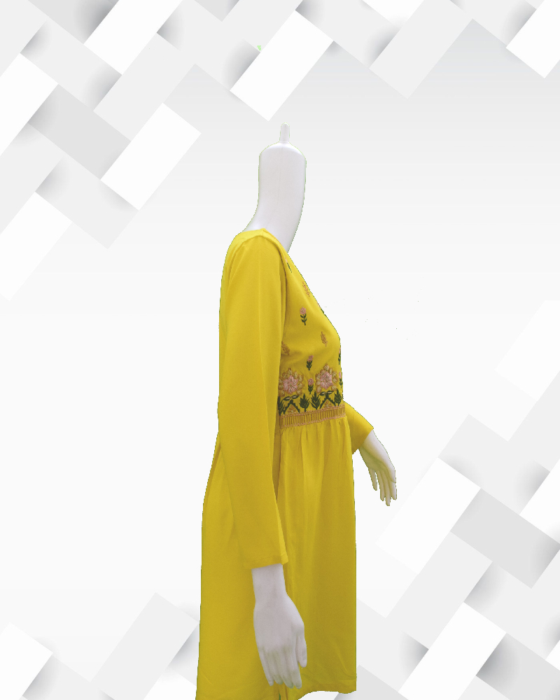 silakaari Women's Yellow Short Kurti Light Front Embroidery