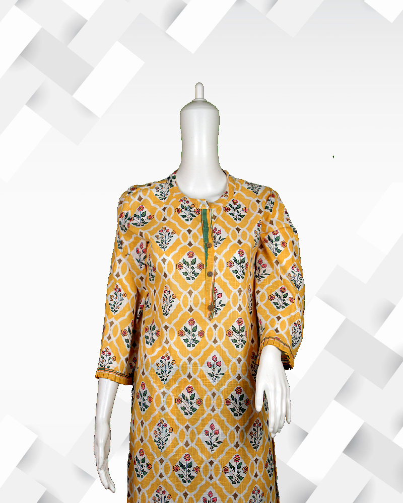 Silakaari Women's Yellow - white cotton kurti pant set