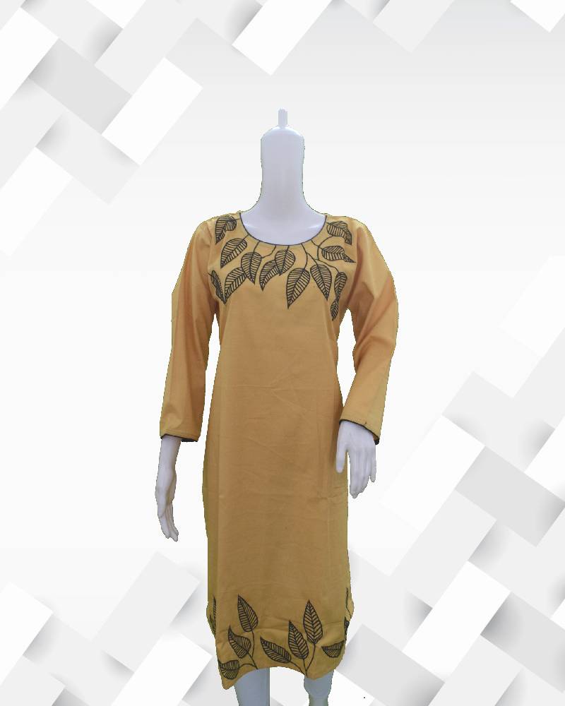 Women's  silakaari leaf embroidery yellow kurta