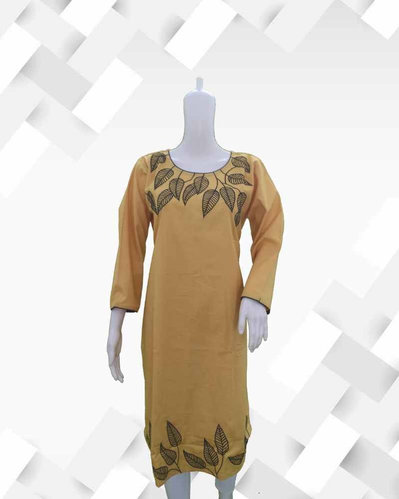 Women's  silakaari leaf embroidery yellow kurta