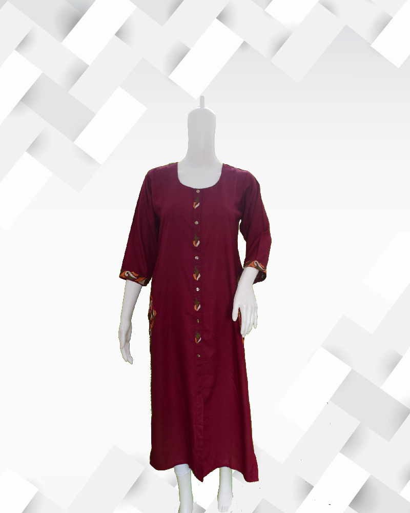 Women's silakaari maroon pocket  zari work full length rayon kurta