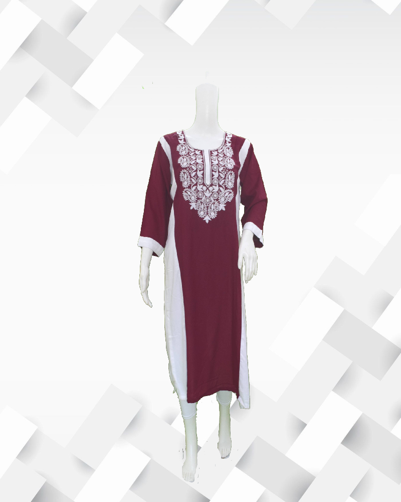 Women's silakaari maroon white rayon embroidered kali  kurta
