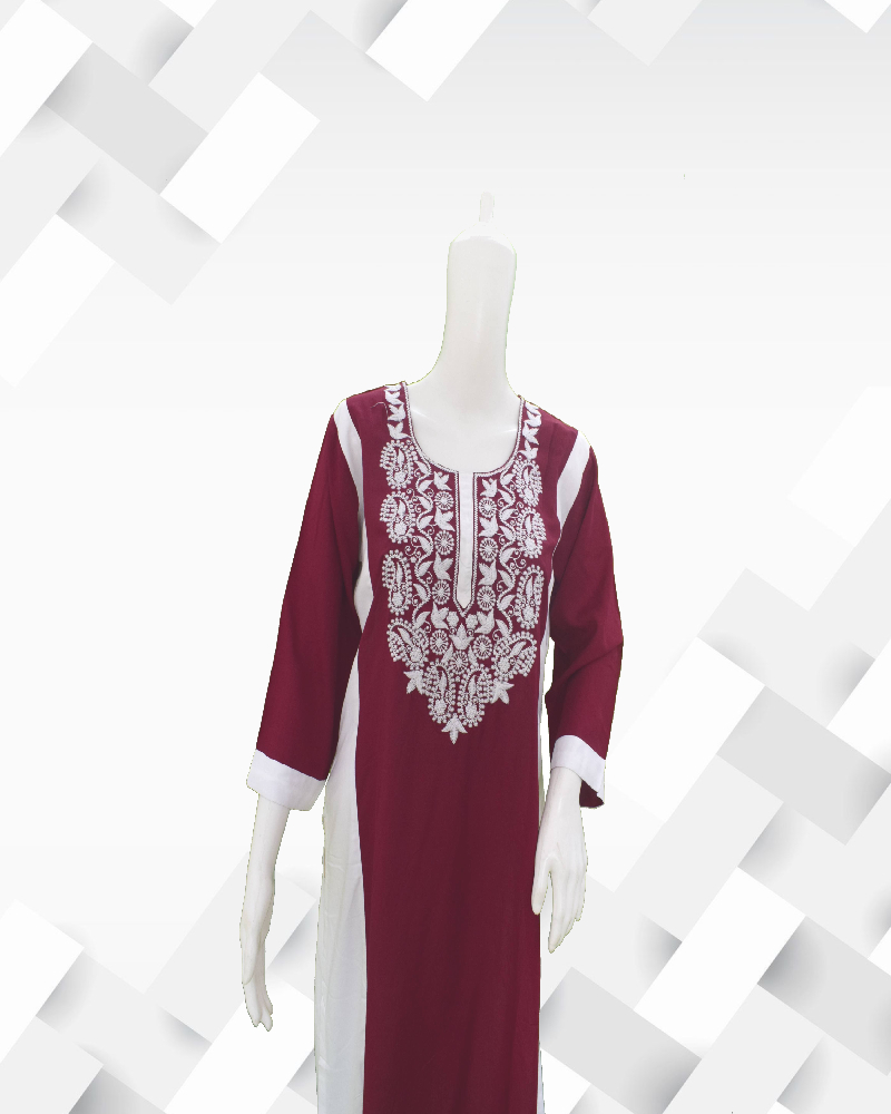 Women's silakaari maroon white rayon embroidered kali  kurta