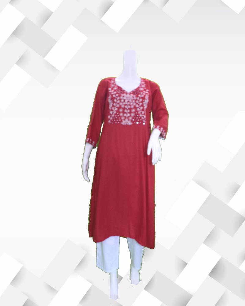 Women's silakaari Red white embroidered kurti pant set